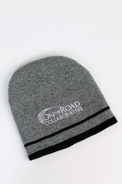 gray knit beanie with a white "On the Road Collaborative" logo