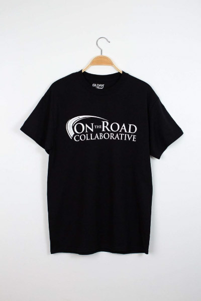 black t-shirt with the "On the Road Collaborative" logo in black